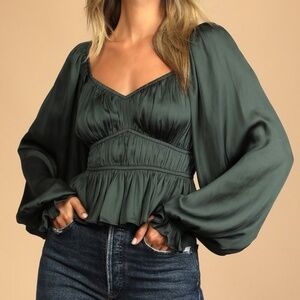 Lulus Sophisticate Dark Green Satin Ruched Long Sleeve Top - Size S